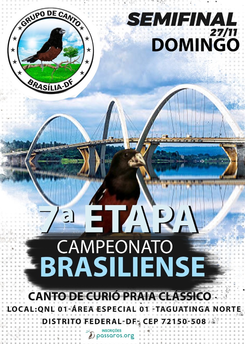 Inscrições abertas para a 7° Etapa do Campeonato Brasiliense de Canto de Curió Praia Clássico.