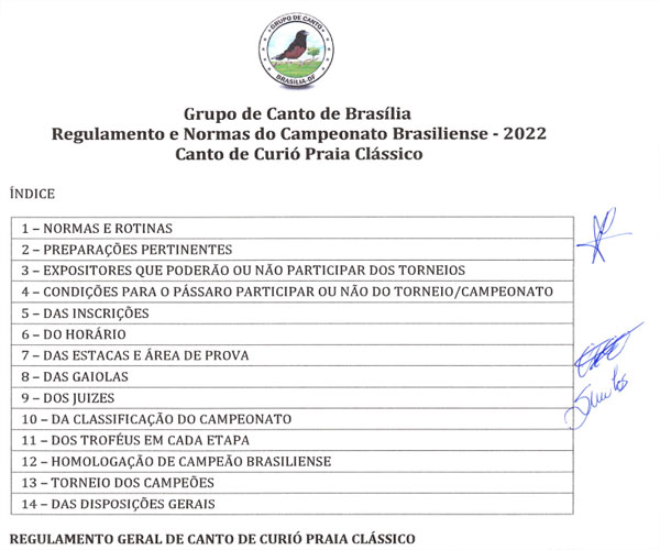 Inscrições abertas para a 4° Etapa do Campeonato Brasiliense de Canto de Curió Praia Clássico. 